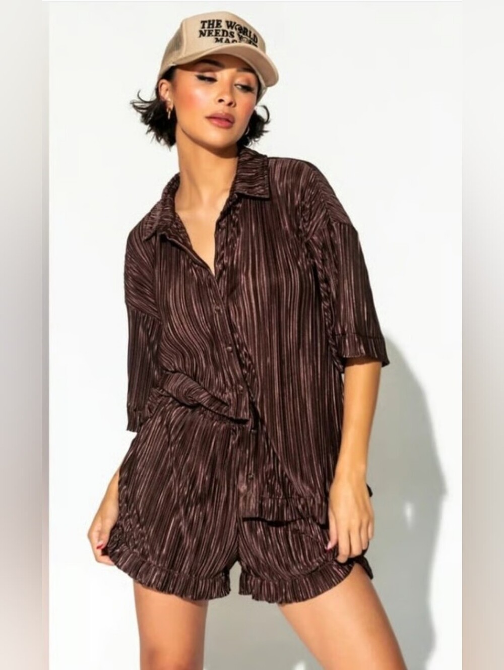 NWT - Dresses In LALA Plisse Mocha Short Set (S) - Picture 3 of 9